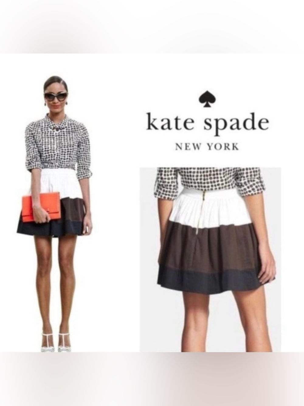 NWT Kate Spade Colorblock Tiered Mini Skirt - White, Brown, Black, US4